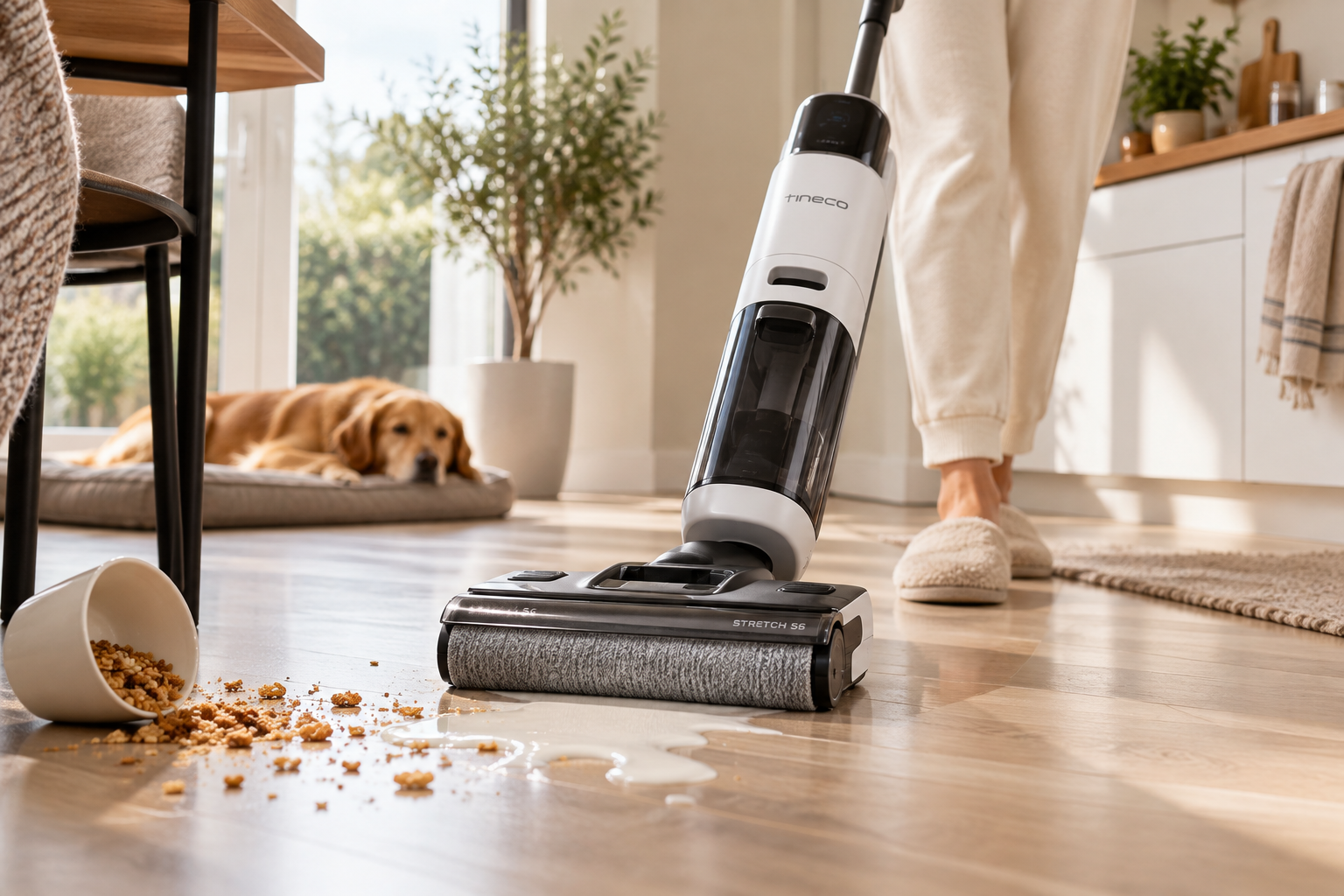 Tineco Floor One Stretch S6 auf einem hellen Hartboden in einer modernen Wohnküche, neben Krümeln und einer kleinen verschütteten Flüssigkeit.