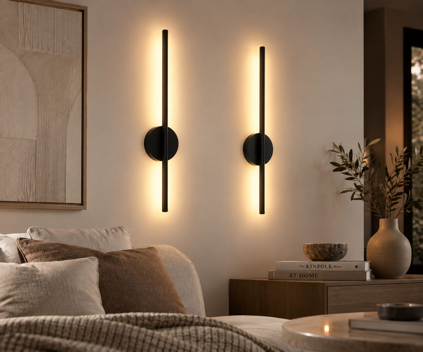 Zwei schlanke schwarze LED-Akku-Wandleuchten mit runder Wandhalterung an einer hellen Wohnzimmerwand. Die vertikal montierten Leuchten erzeugen ein warmes indirektes Licht an der Wand.