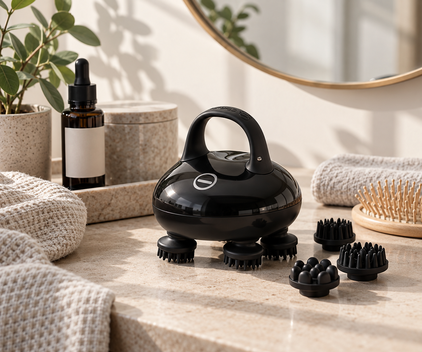 kopfmassagegerät im badezimmer mit verschiedenen aufsätzen